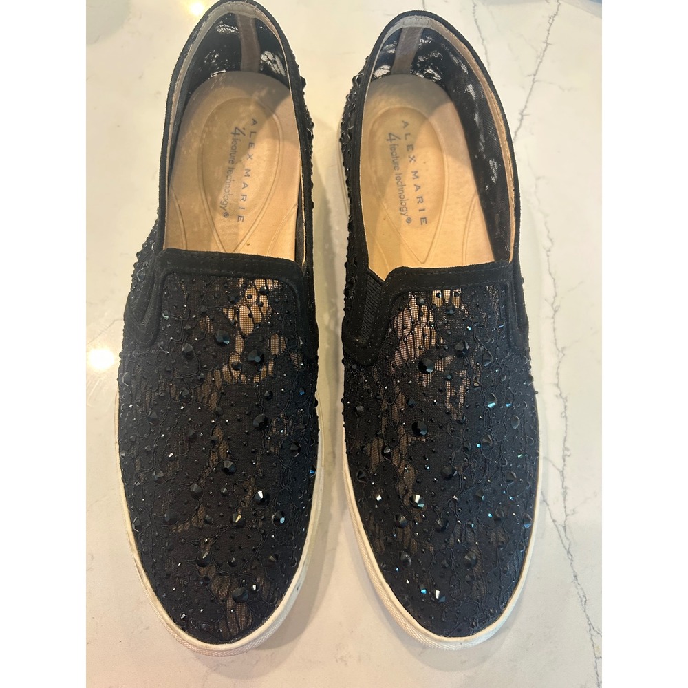 Alex Marie Slip On Sneakers Black Lace Rhinestone Embellished Fashion Flats 9M